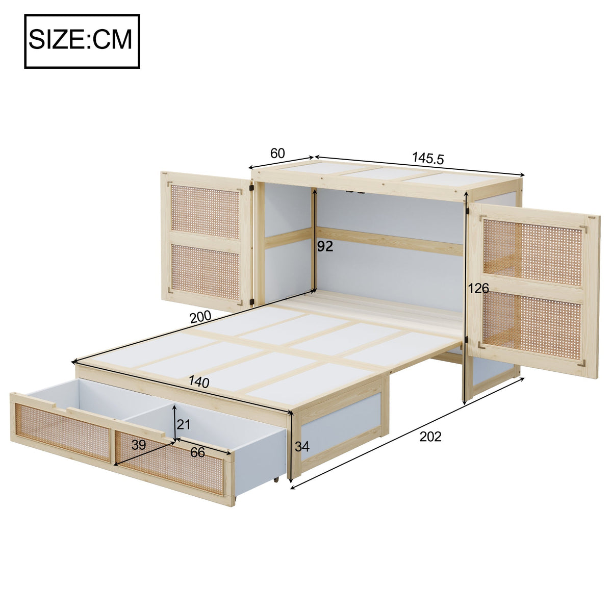 Vertical Wall Bed with Slatted Base and Storage Drawers, 140 x 200 cm, Wood Color
