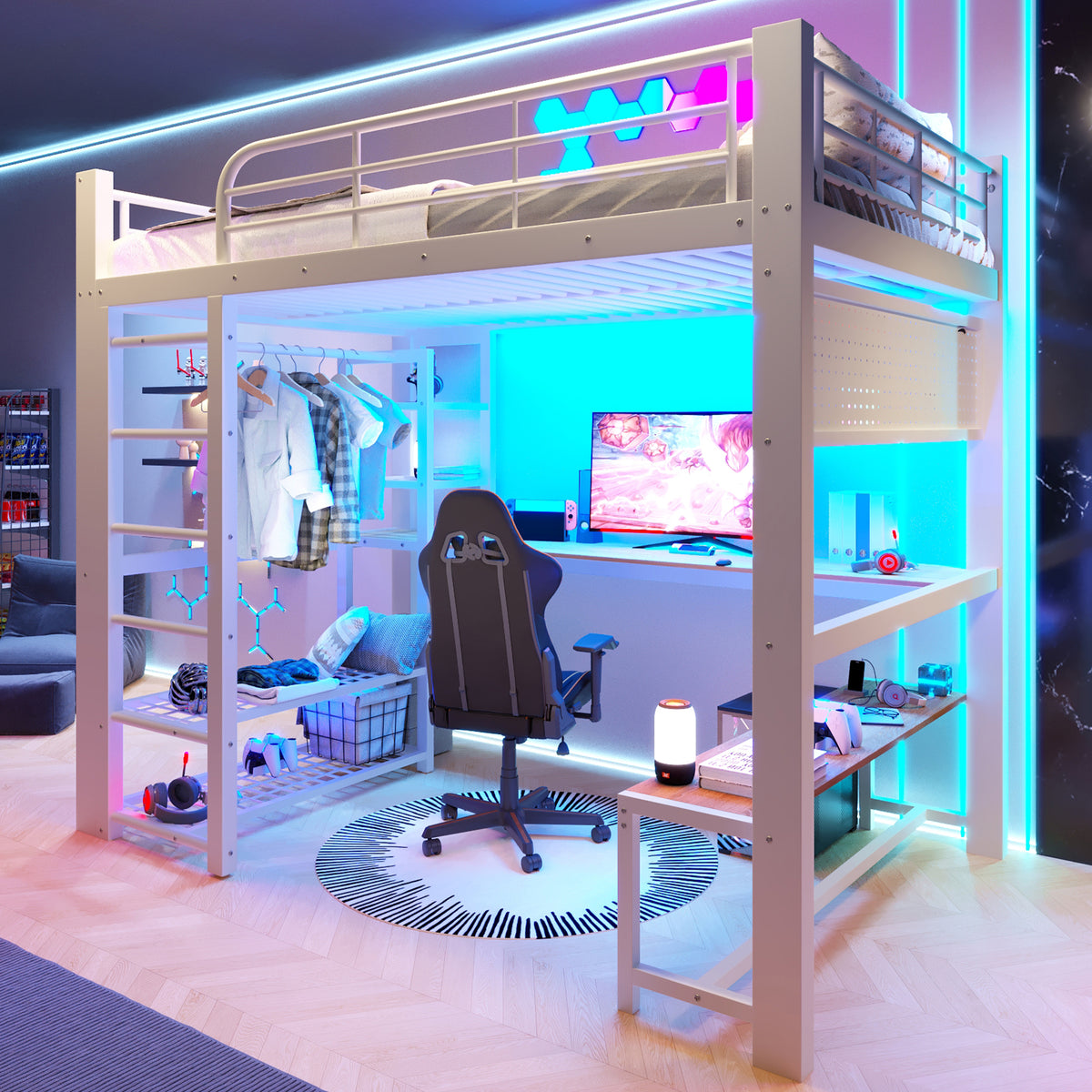 Loft Bed 140x200cm with LED, Storage Stairs & Grid, White Metal