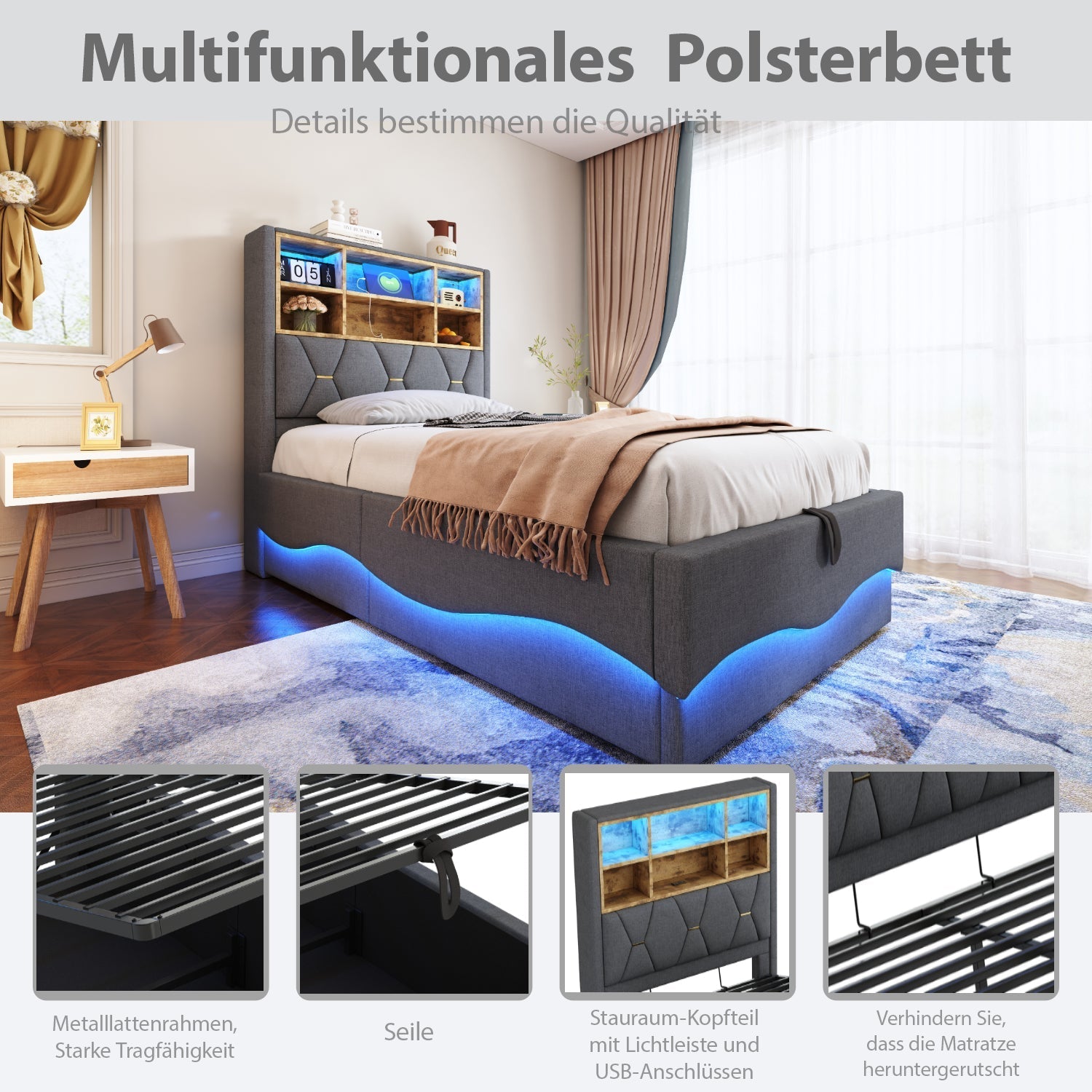 Children's Bed Hydraulic Storage LED USB Metal Frame, Grey Linen