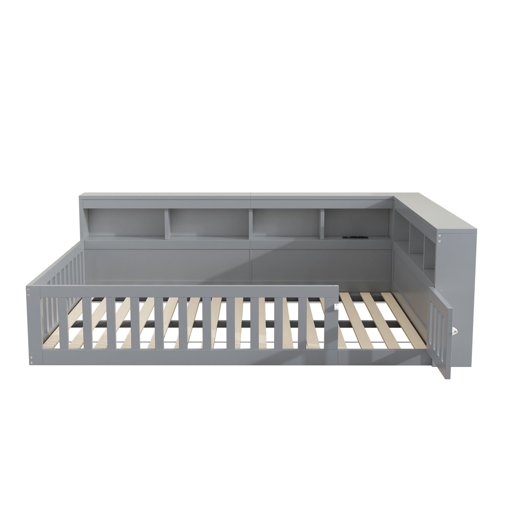 Daybed with Storage and USB Ports, 140x190cm Sofa Bed with Slatted Base and Railing, Grey Chipboard