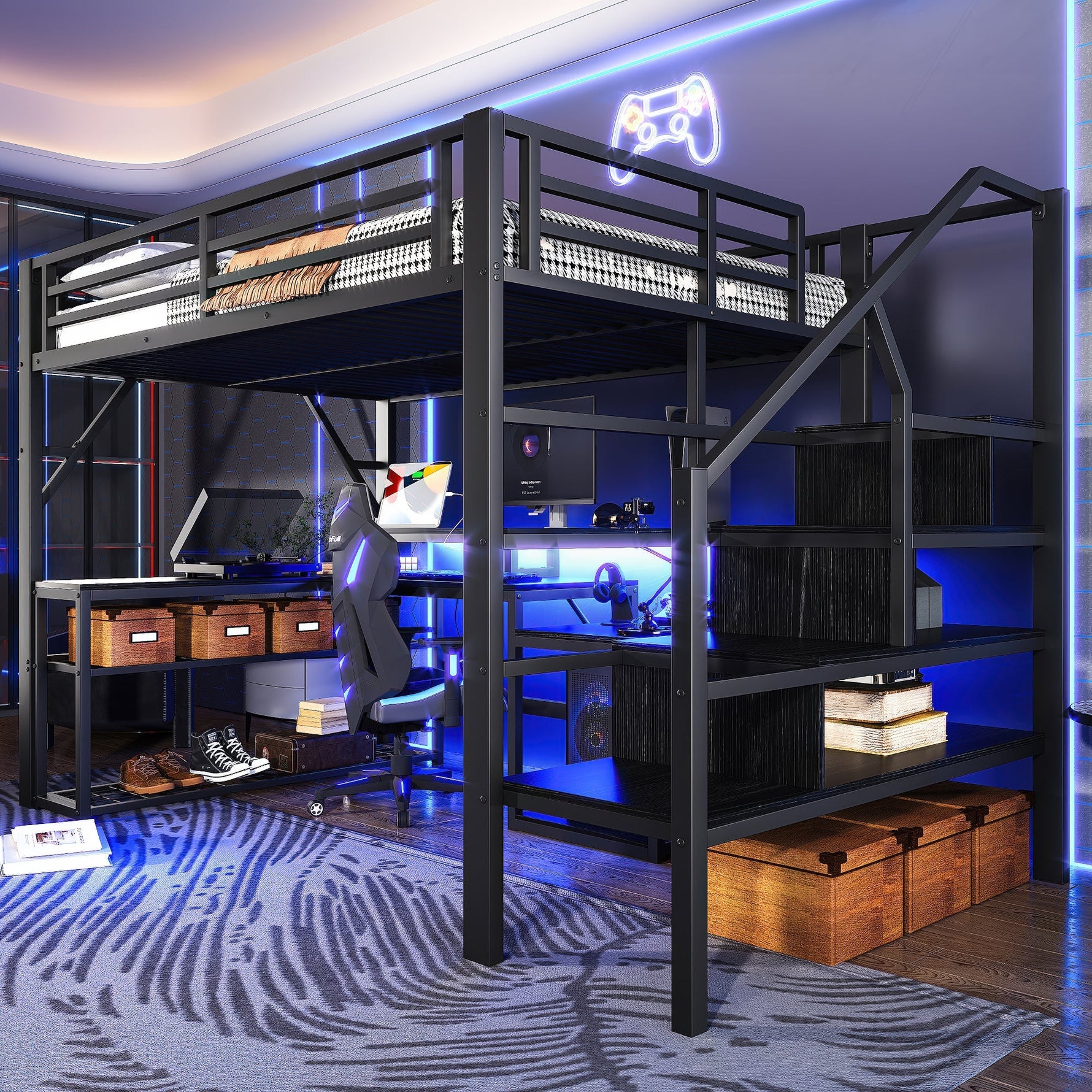 Loft Bed with Desk, LED Light Strip and Storage Staircase, 140 x 200 cm, Black Iron Frame