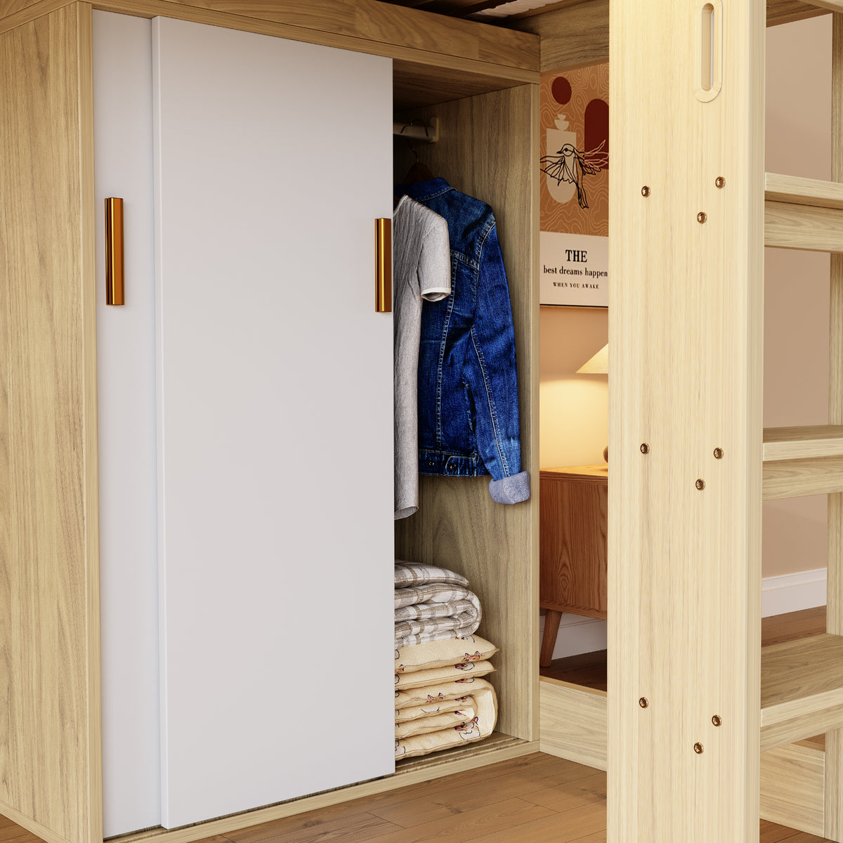 Multifunctional Loft Bed 90x200cm with Desk & Wardrobe, Wood