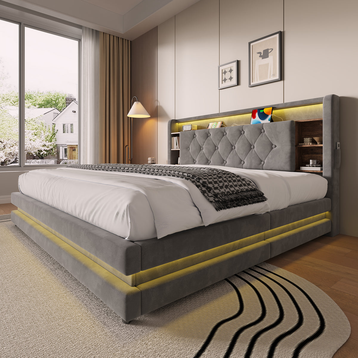 Upholstered Bed 160x200 with Storage & LED, Dark Gray Velvet