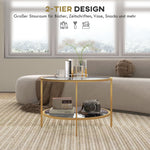 Side Table Round Coffee Table with Shelf, Steel, Gold