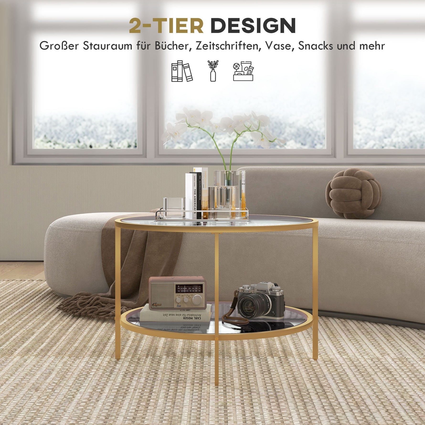 Side Table Round Coffee Table with Shelf, Steel, Gold
