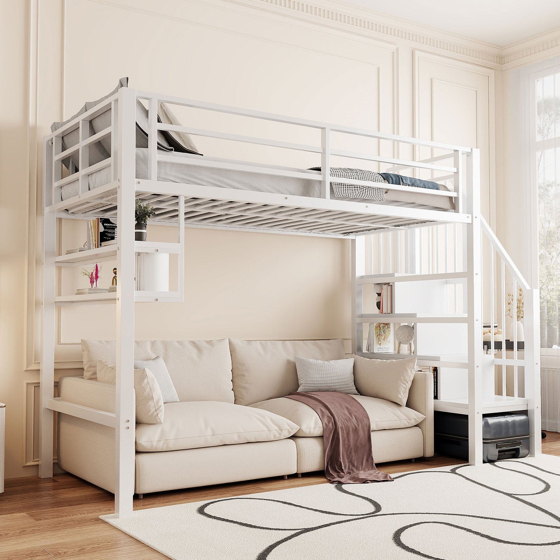 Loft Bed 90x200cm Storage Ladder Shelves - White