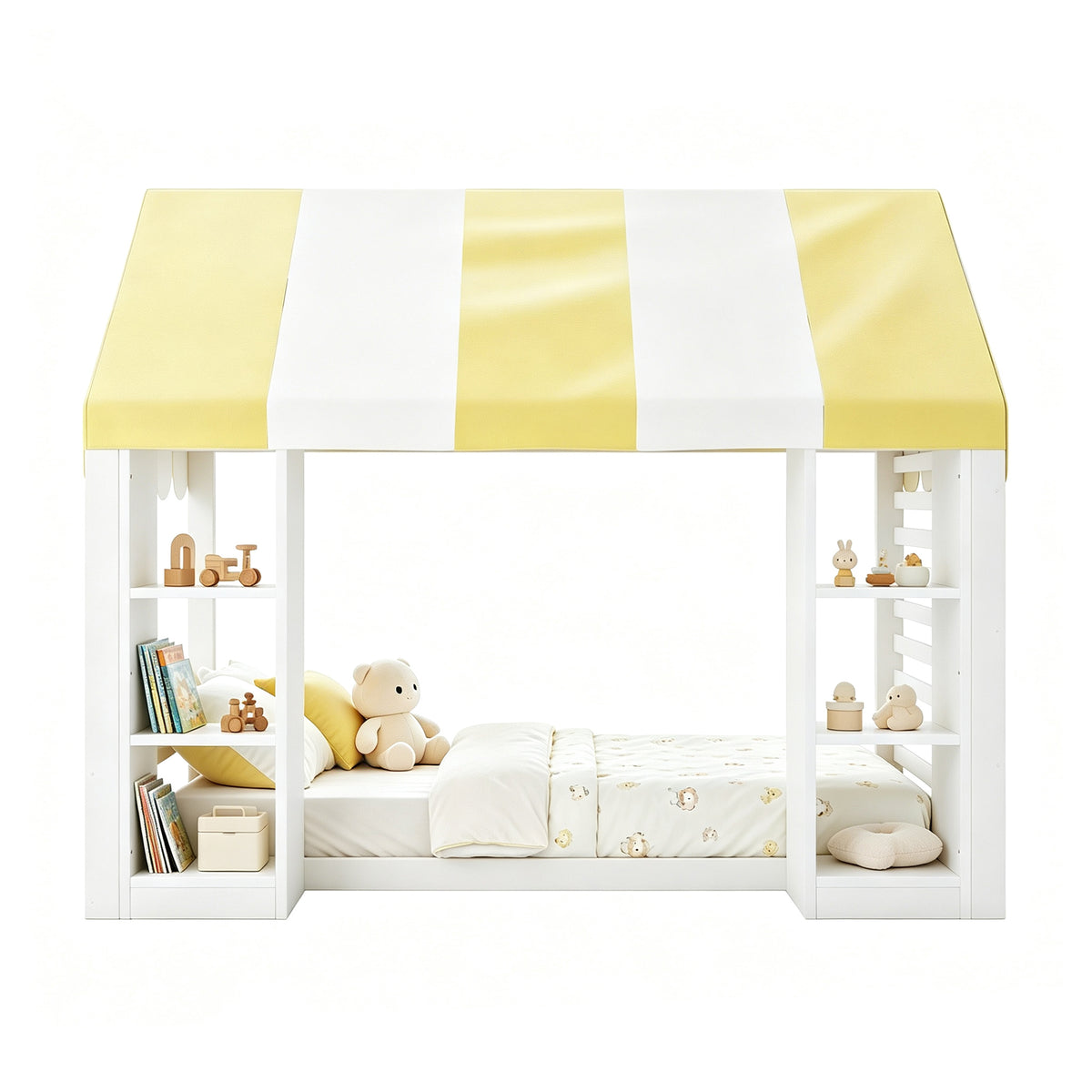Children's Canopy Bed 90x200cm with Storage, Wooden Frame, White