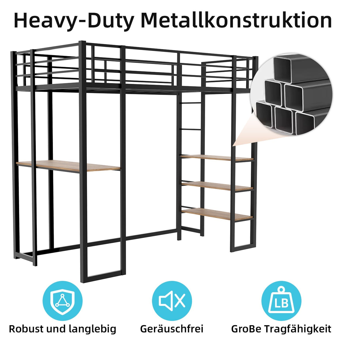 Iron Frame Bed, L-Shaped Desk, Railing & Reversible Stairs, Metal