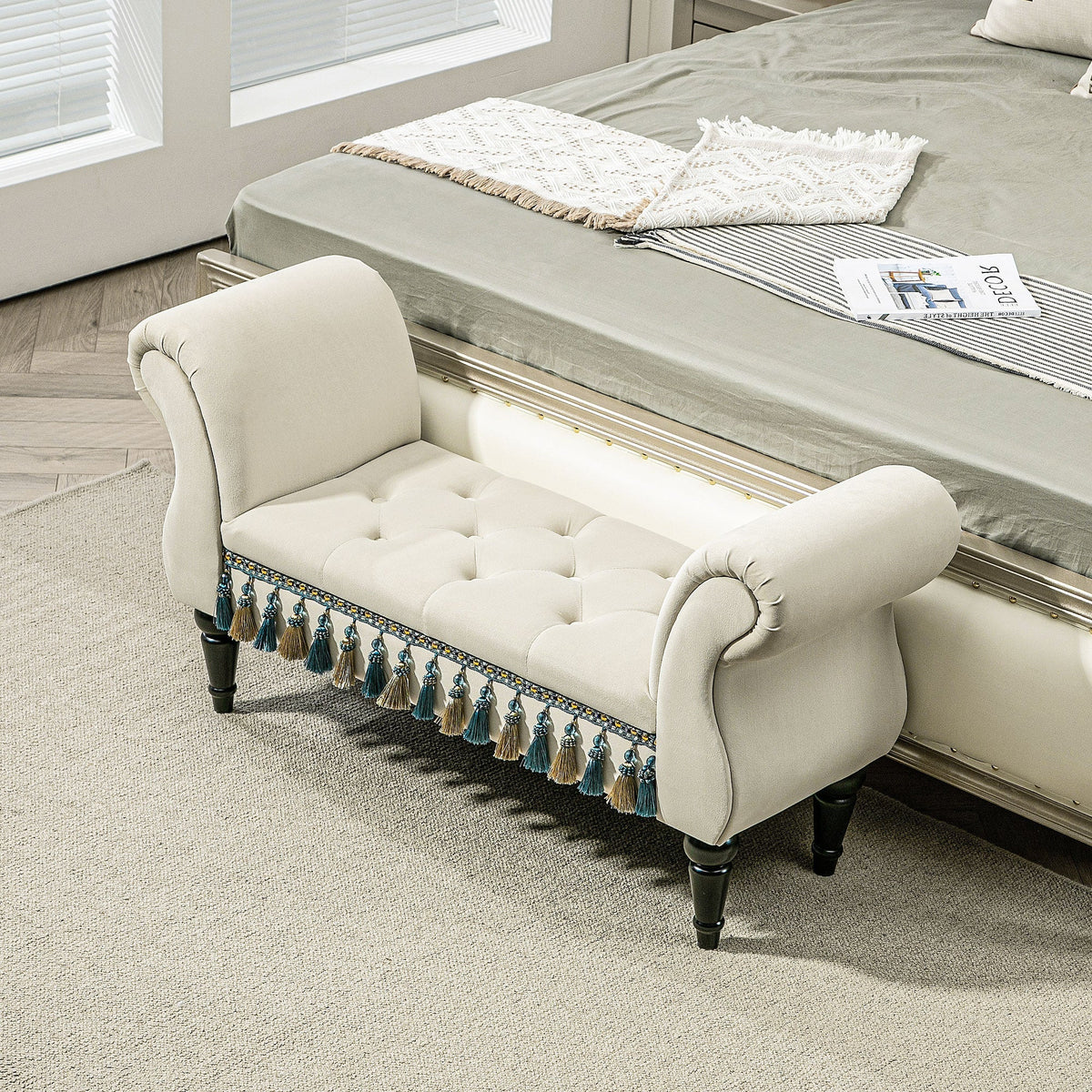 Upholstered Bench with Armrests, Vintage Design, Beige Velvet