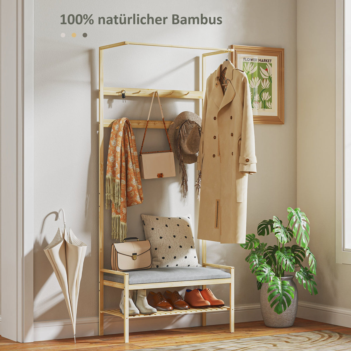 Coat Rack with Shoe Bench, Hooks, Shoe Rack, Seat Cushion, Bamboo, Natural