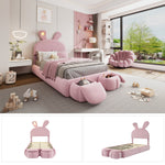 Upholstered Bed Single Bunny Ears LED Storage Stools Velvet Pink 90x200cm