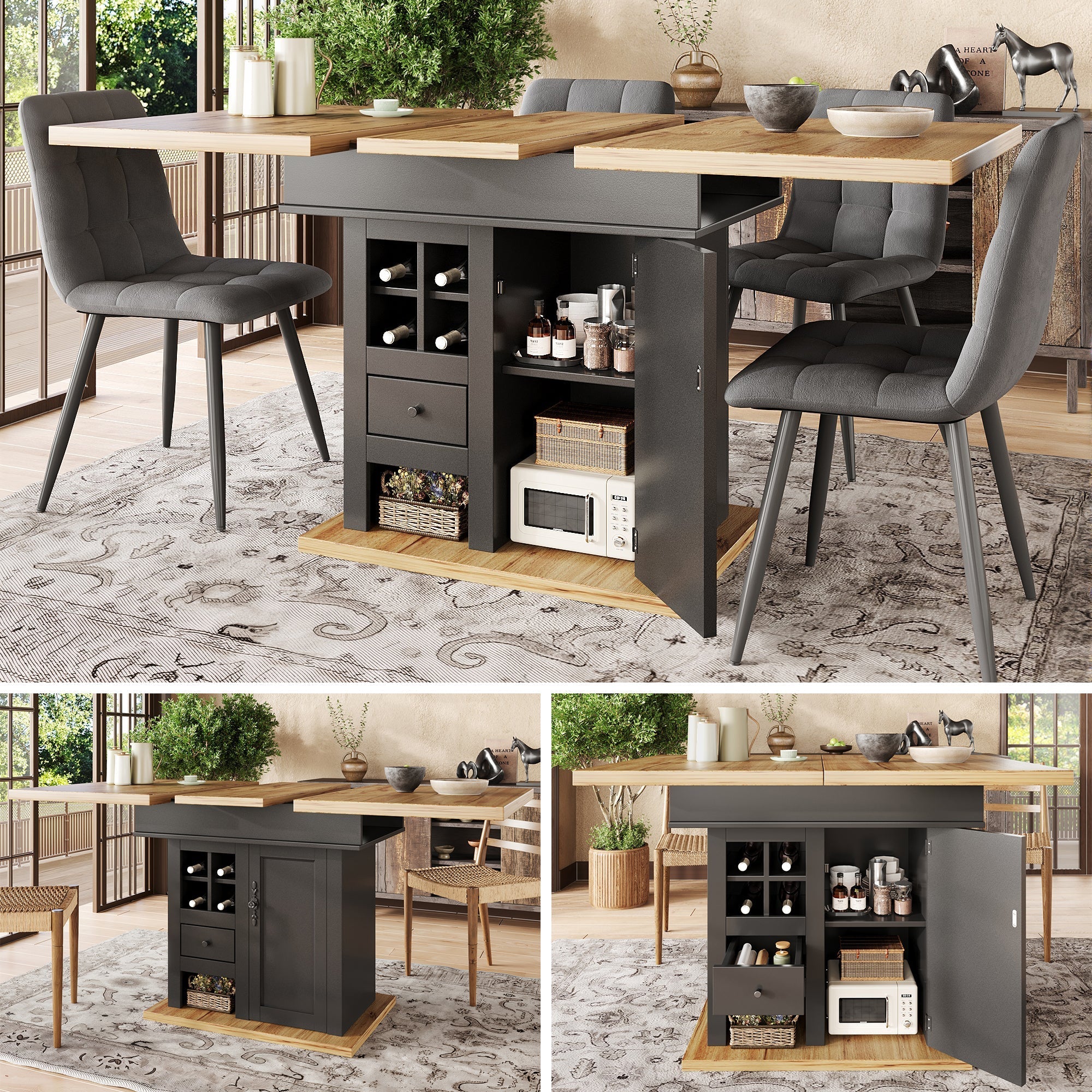Extendable Telescopic Dining Table with Wine Rack and Drawers, MDF and Metal