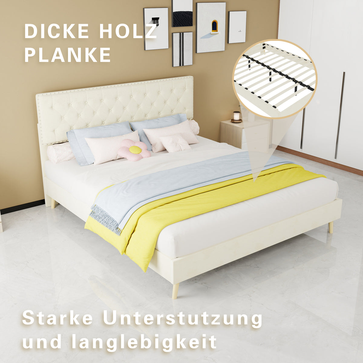 Modern Soft Bed with Soft Headboard & Mattress 160x200cm, Beige