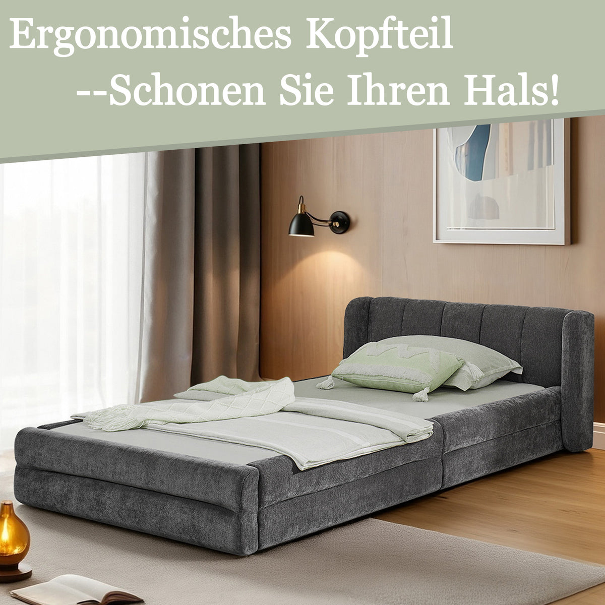 Single Bed 90x200 cm with Backrest, Dark Grey Chenille