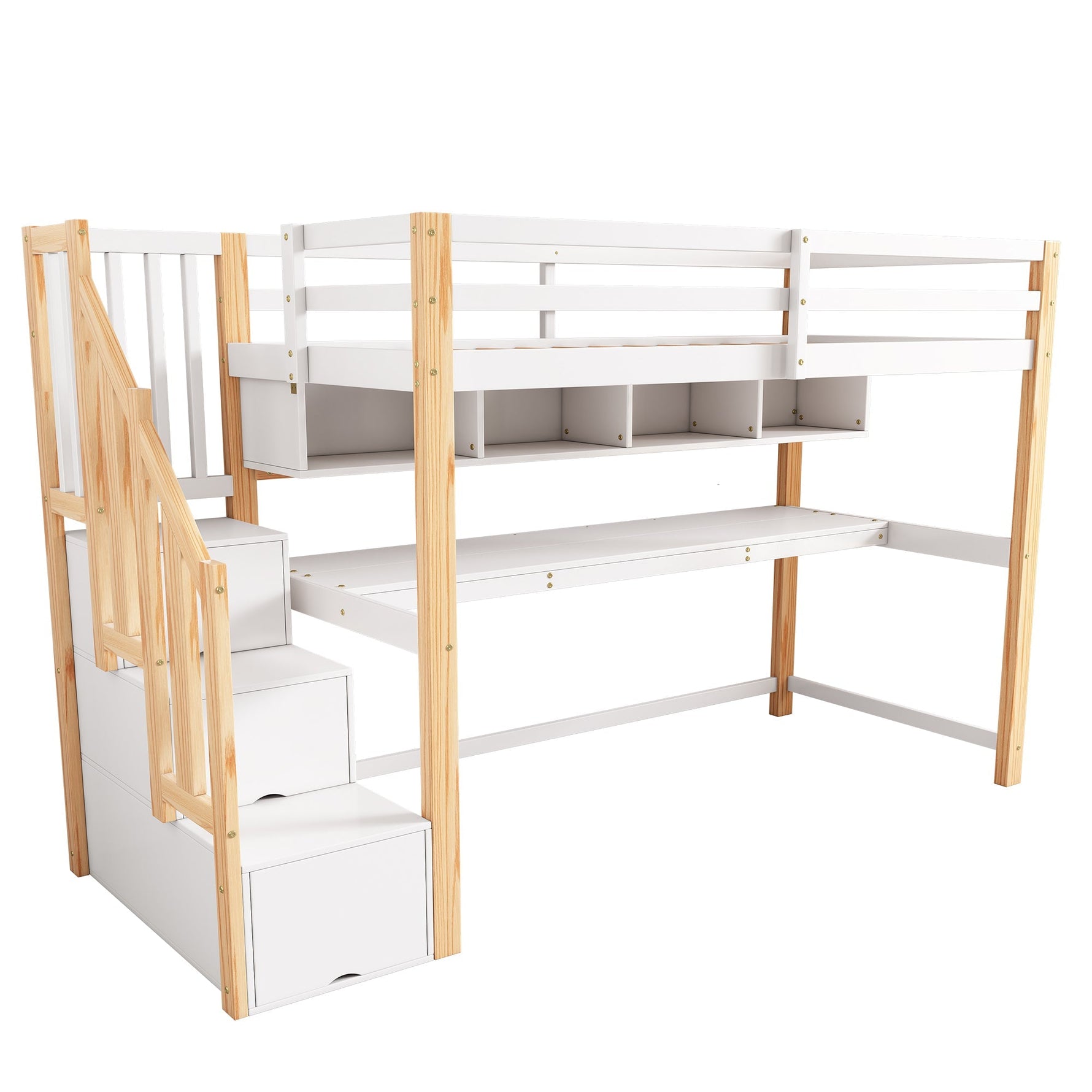 Children's Loft Bed, Large Desk & Shelves, Environmentally Friendly, Natural & White