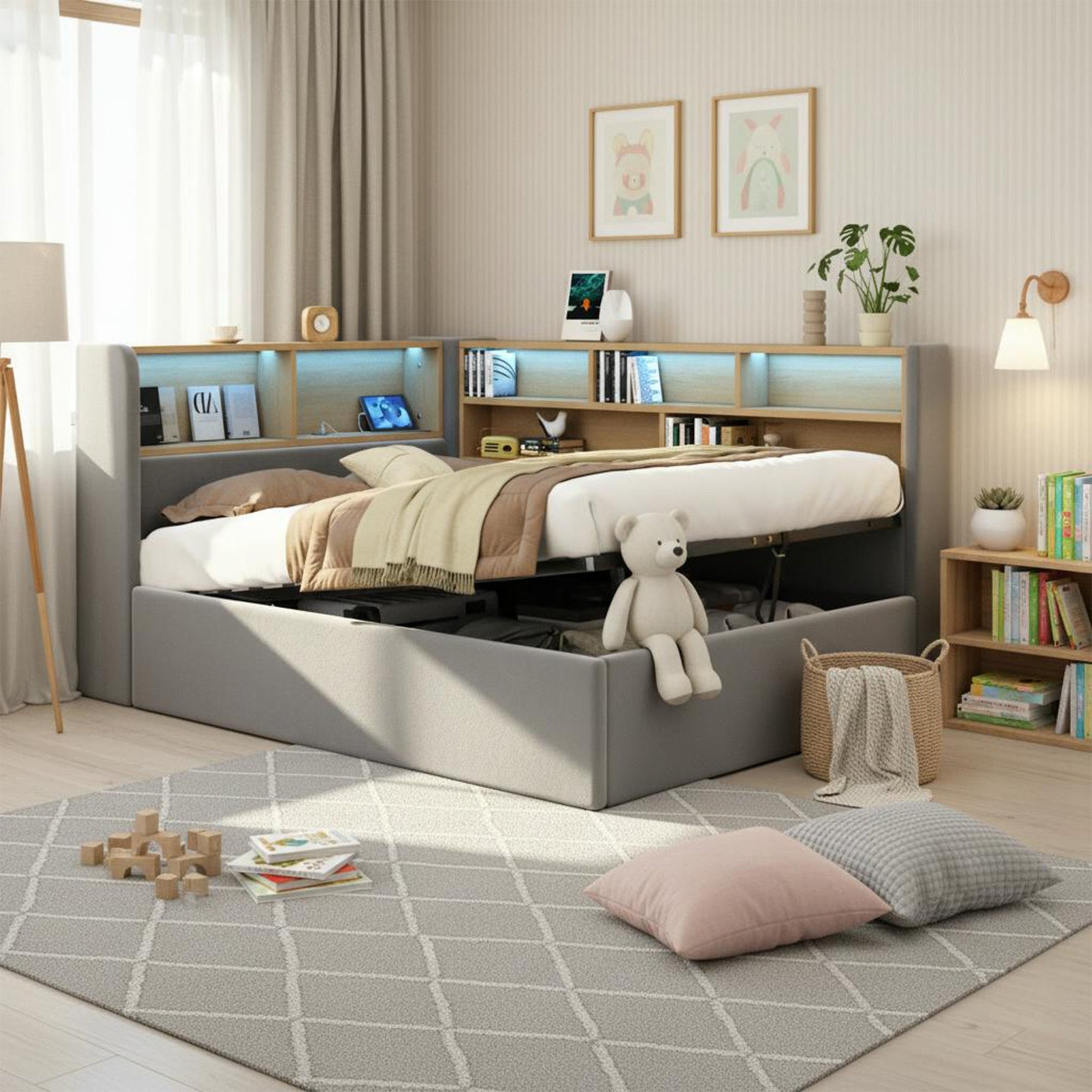 Daybed with Hydraulic Storage, LED and USB, Grey Velvet