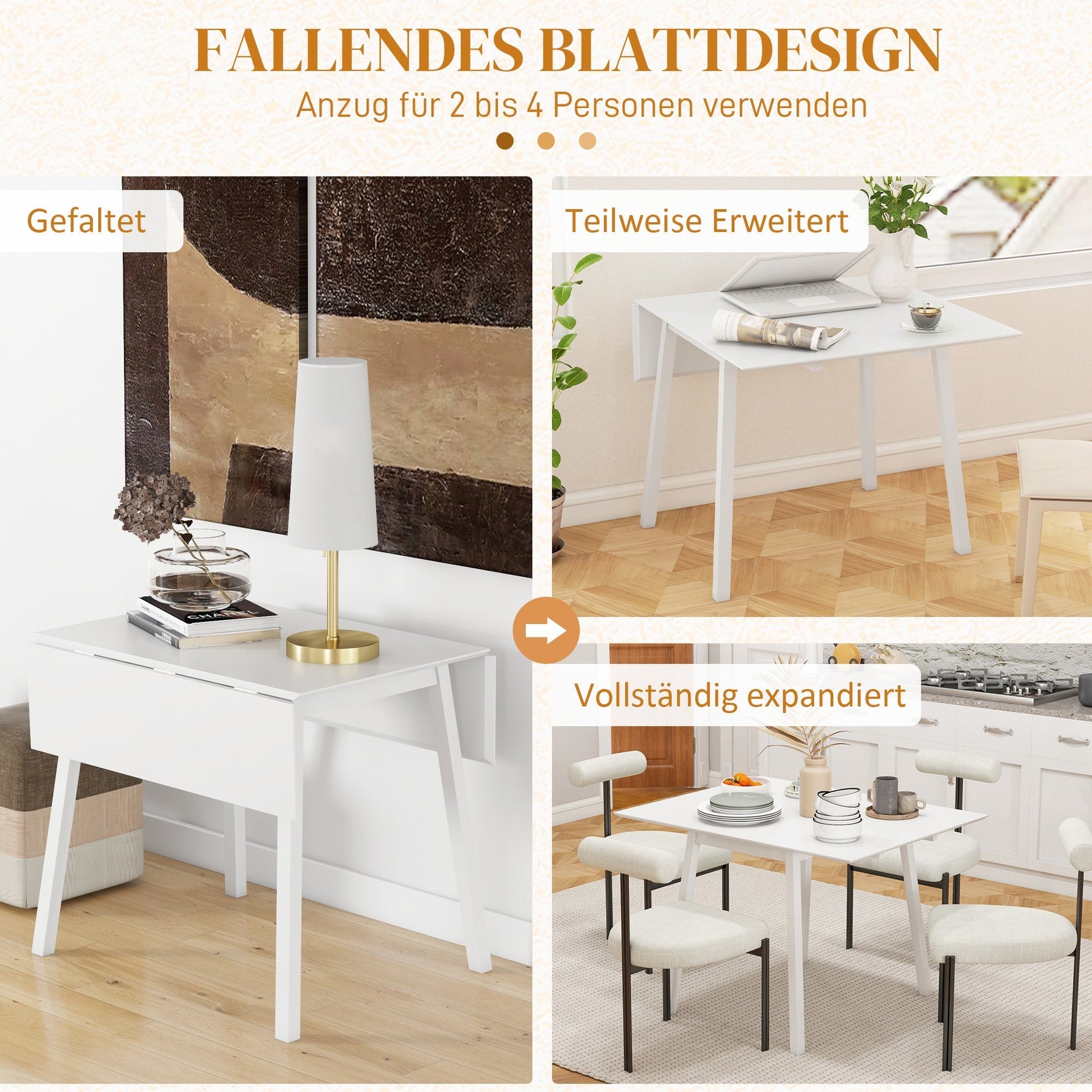 Folding Dining Table, 2-4 Person, Wooden, White