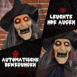 Halloween Witch Decoration, Broom, Glowing Eyes, Spooky Sounds, Flexible Arms