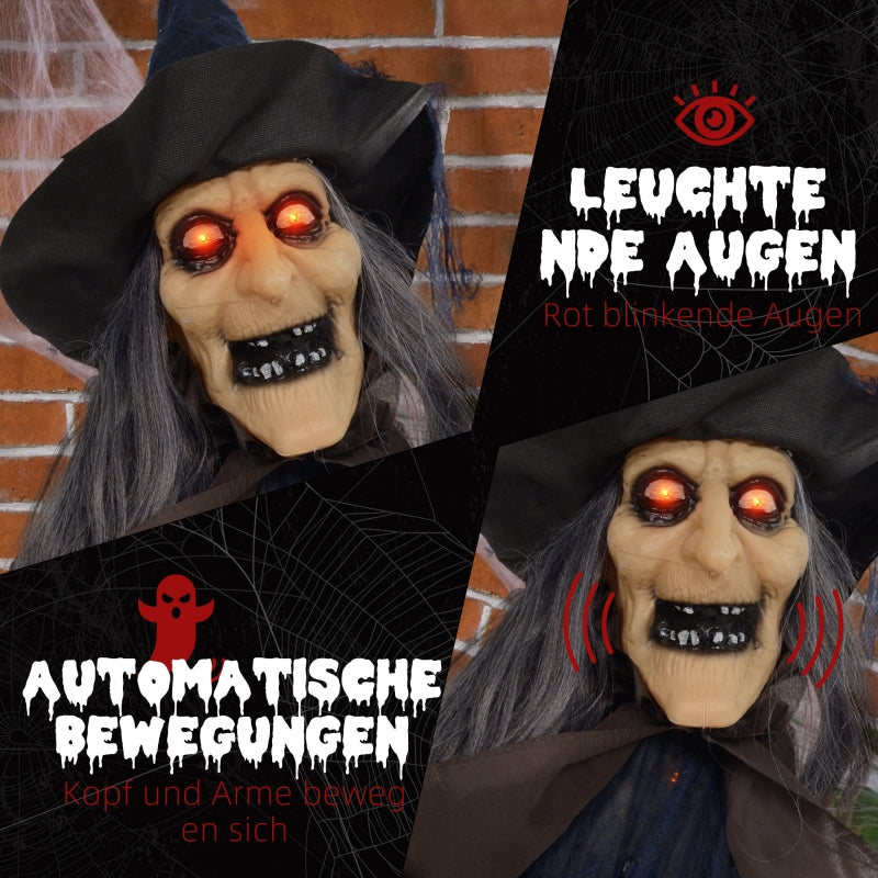 Halloween Witch Decoration, Broom, Glowing Eyes, Spooky Sounds, Flexible Arms