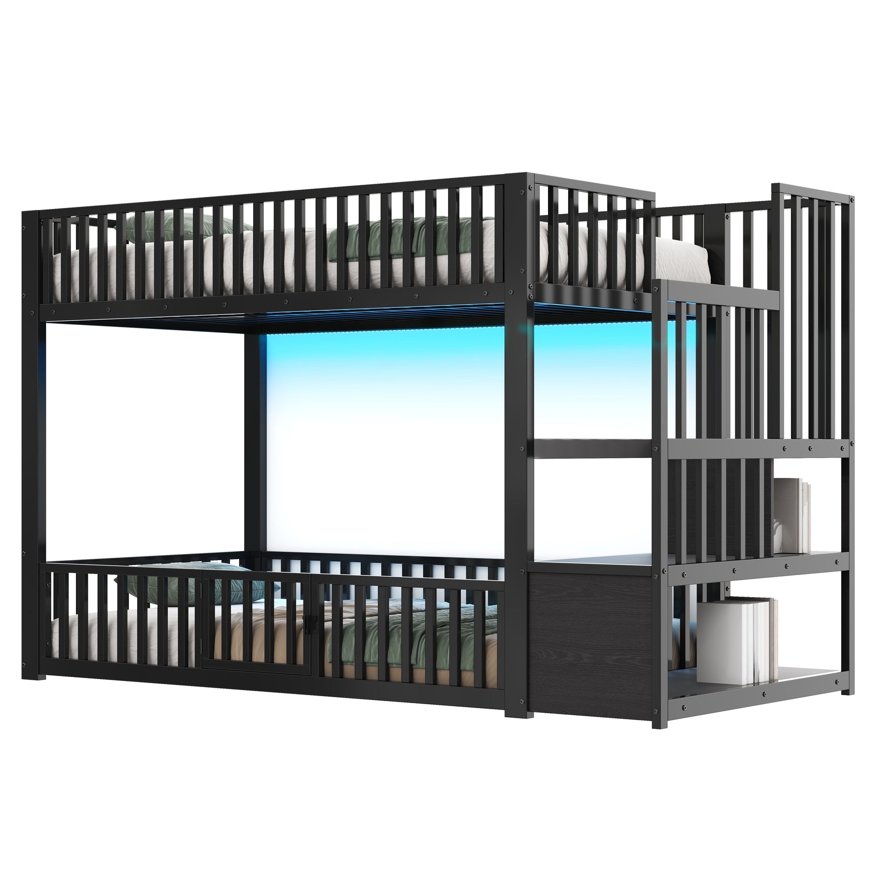 Bunk Bed with Storage Ladder and LED, 90x200cm, Black Metal