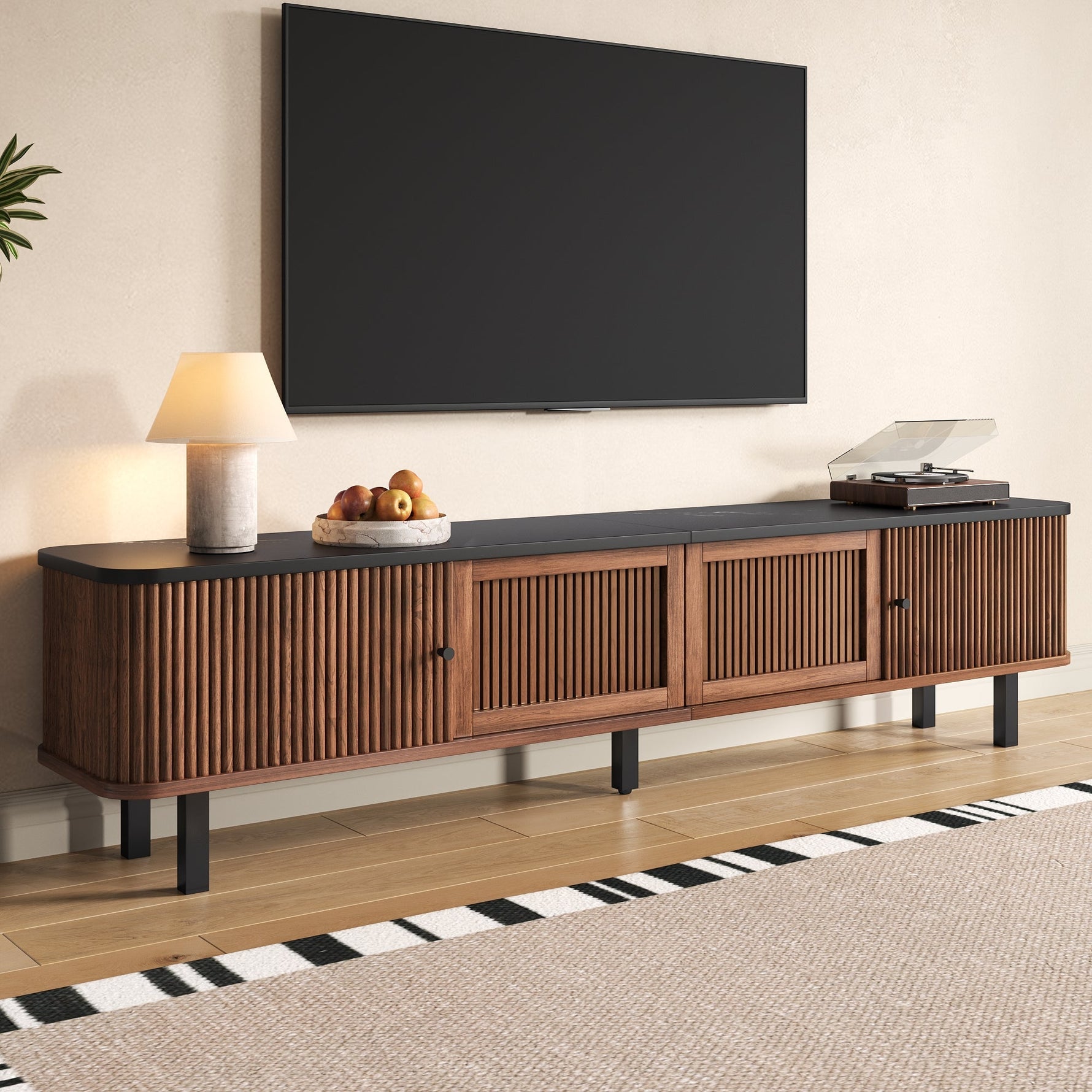 Modern Low TV Cabinet 190cm with Sliding & Mesh Doors