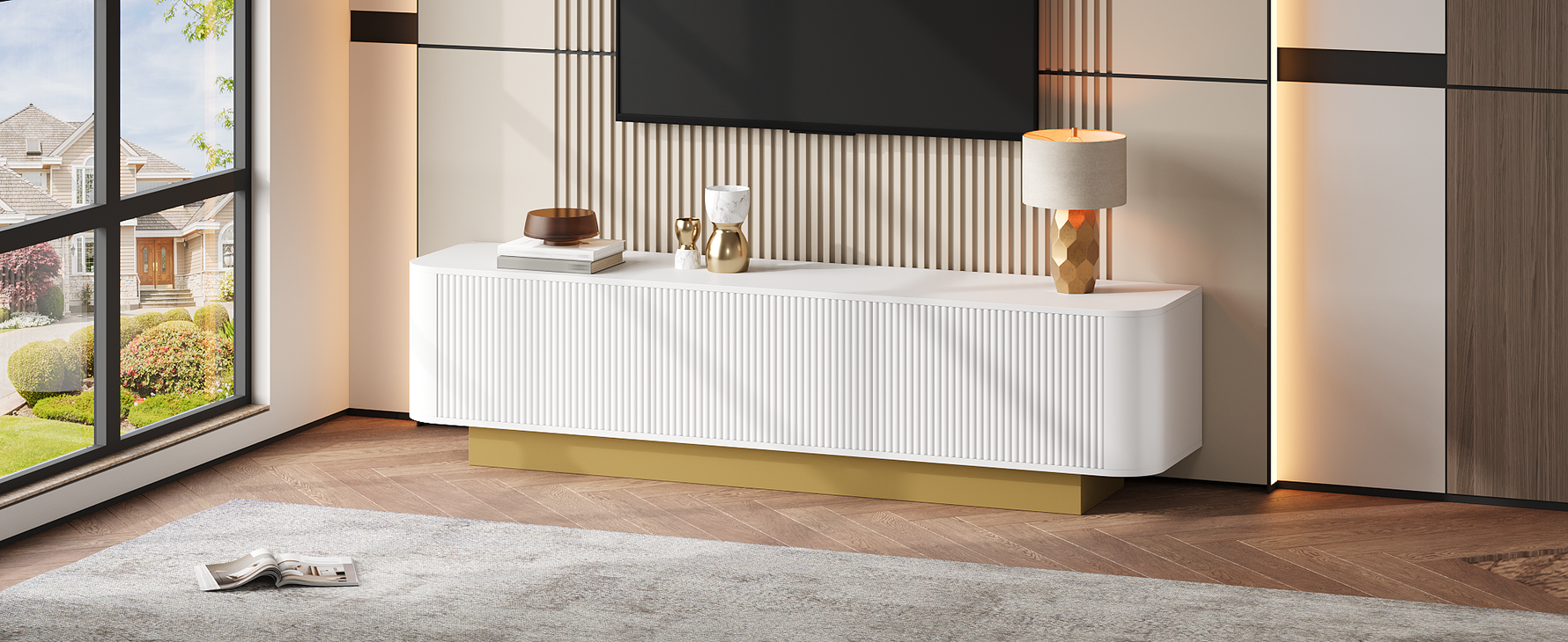 Modern TV Stand with Storage and Cable Management, Rounded Design, White