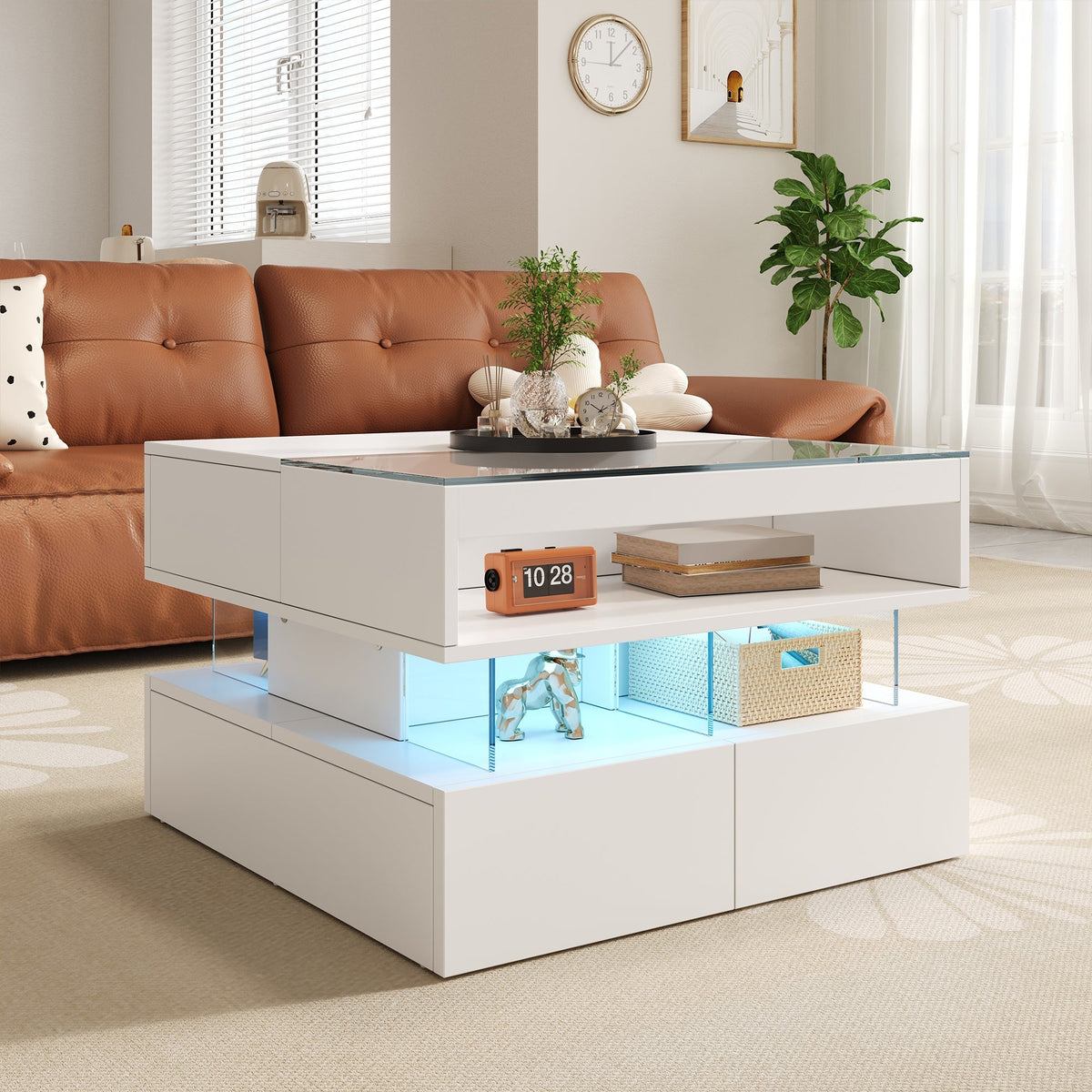 Coffee Table, Height-Adjustable with 16-Color Lighting, Glass & Acrylic