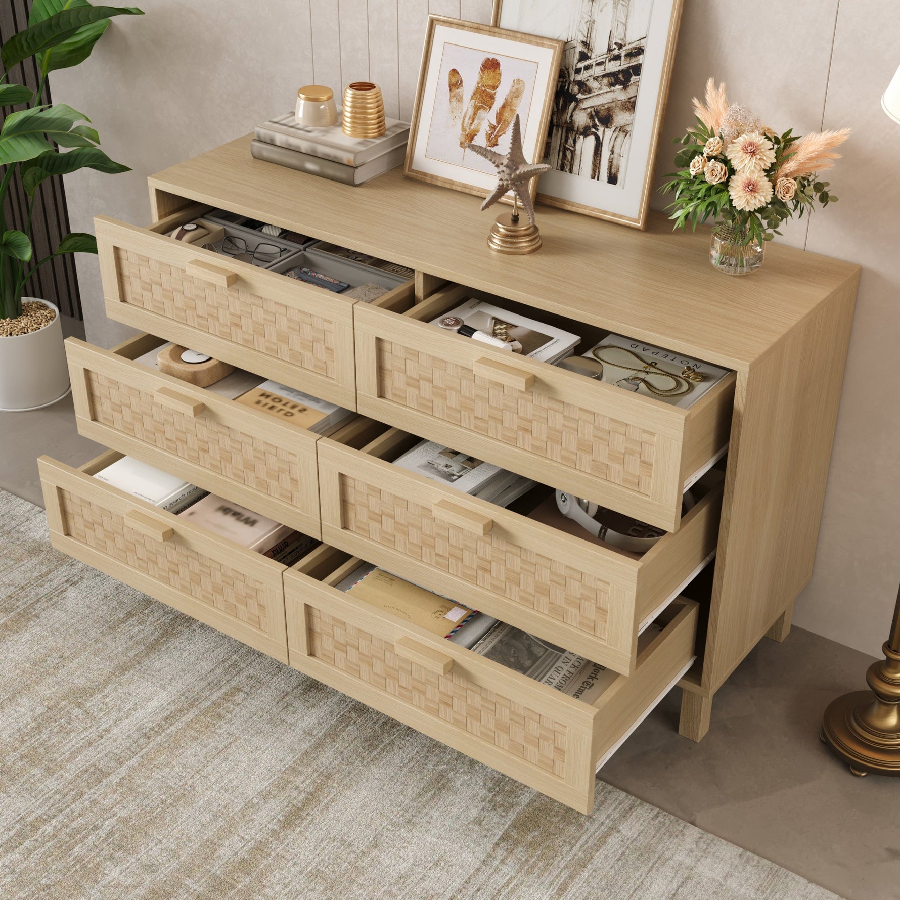 Sideboard & Chest of Drawers, 6-Drawer Rattan Look, Natural Wood