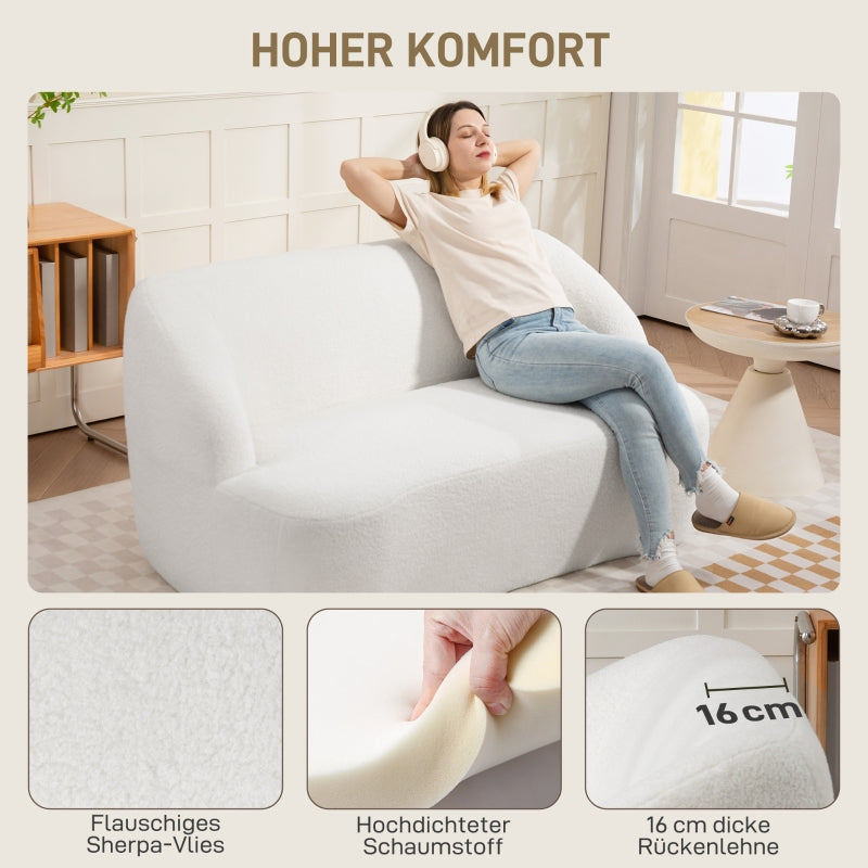 2-Seater Sofa, Curved Design Upholstered with Fleece Cover, Cream White