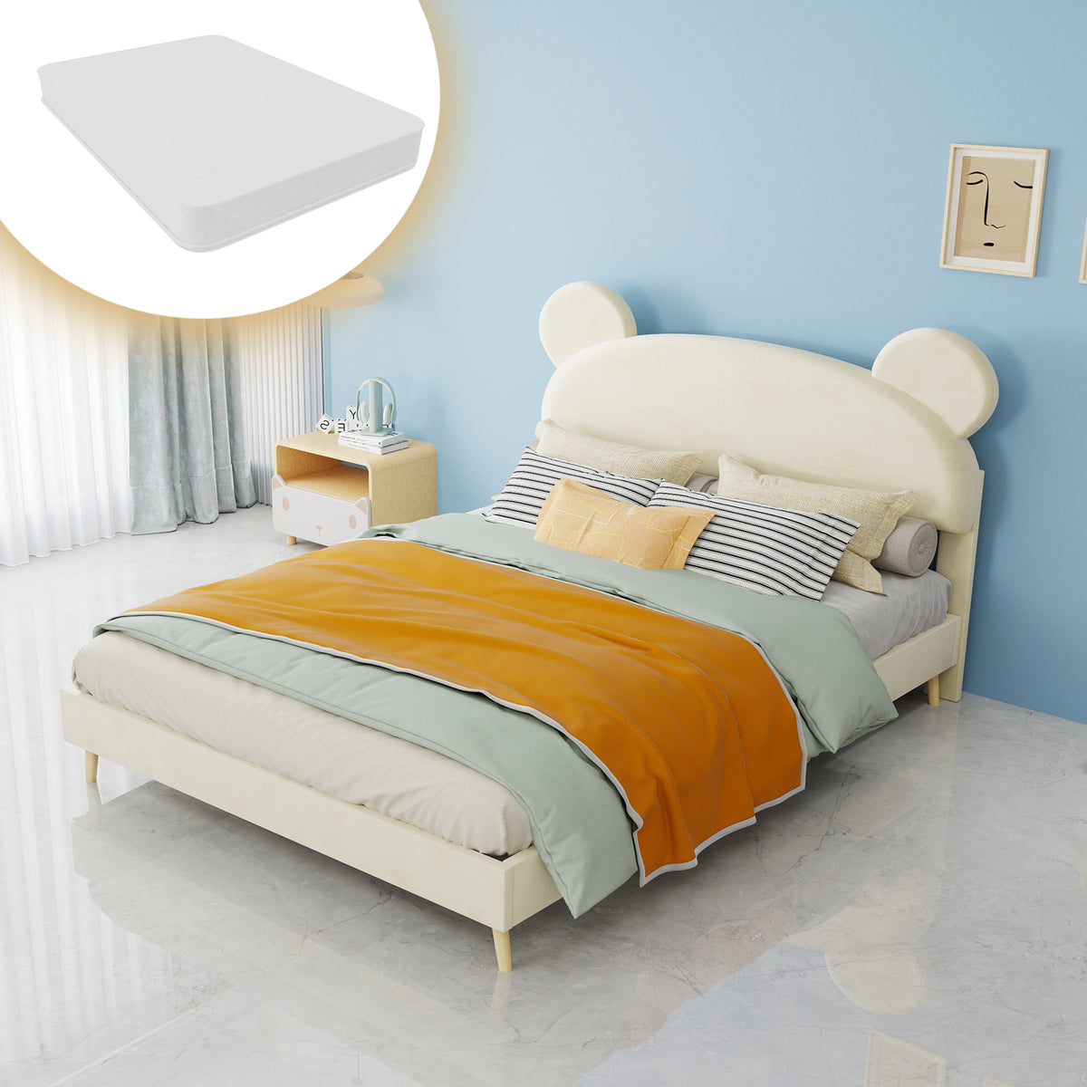 Modern Upholstered Bed 140x200cm with Mattress, Cartoon Design, Beige