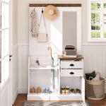 Wardrobe Set with Mirror, Hooks, Drawers & Umbrella Stand, Wood and White
