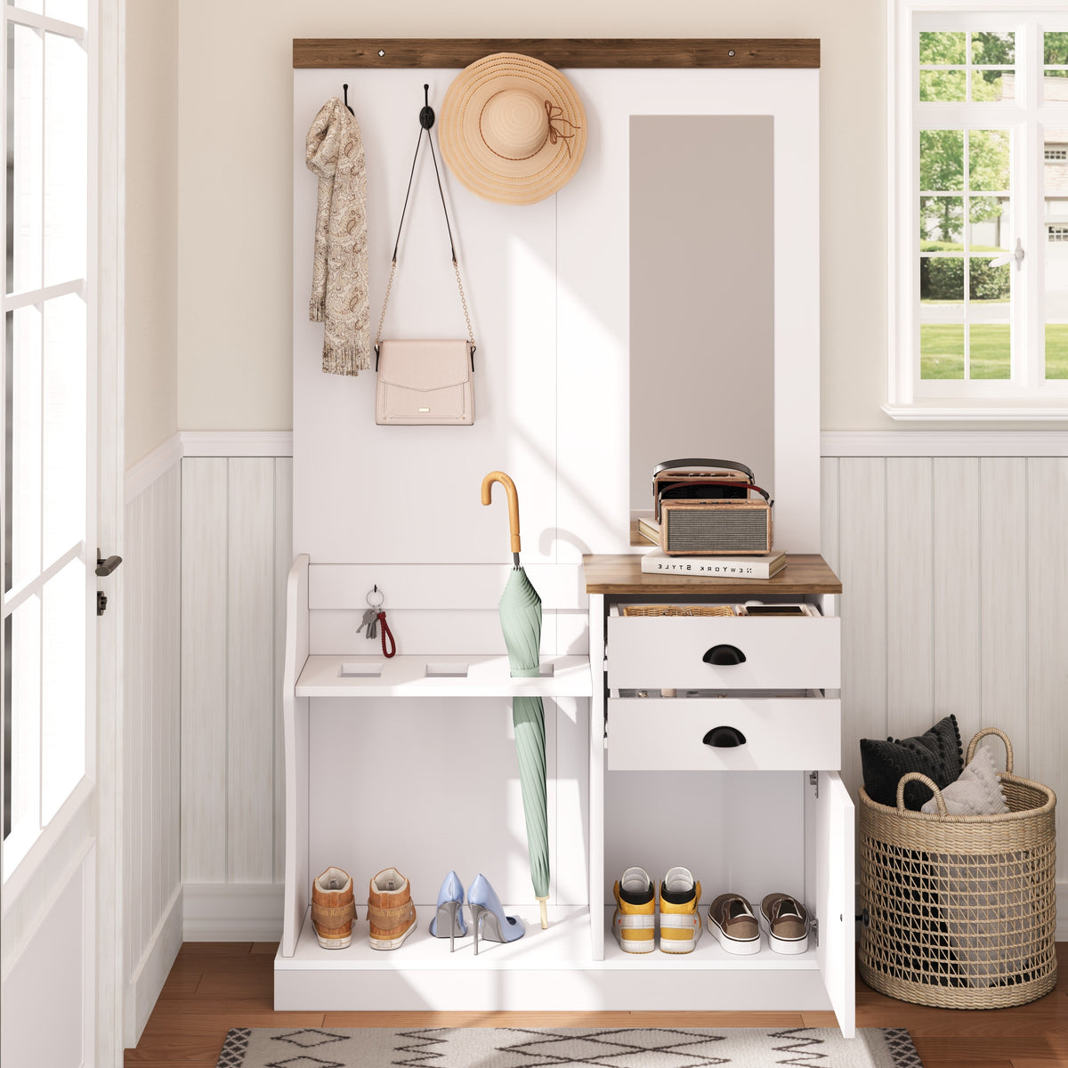 Wardrobe Set with Mirror, Hooks, Drawers & Umbrella Stand, Wood and White