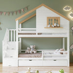 Bunk Bed with Storage Stairs, House Design 90x200cm, Pine/MDF White/Natural