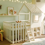 Children's House Bed 90x200, Roof & Window, Ladder, Solid Wood White