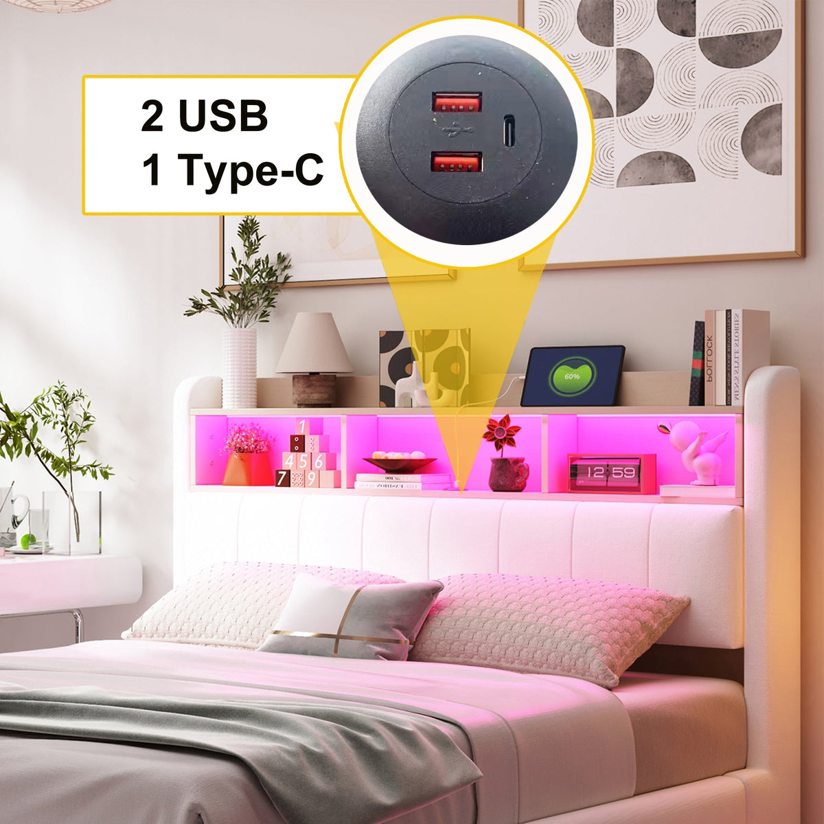 Suspended Design Upholstered Bed 140*200, Multifunctional Storage with LED, USB & Type-C, Linen Fabric Beige