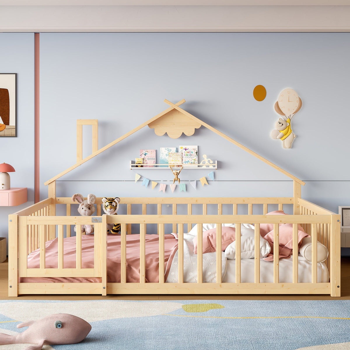 Flatbed 140x190cm House Rail with Lock - Pine Wood Natural