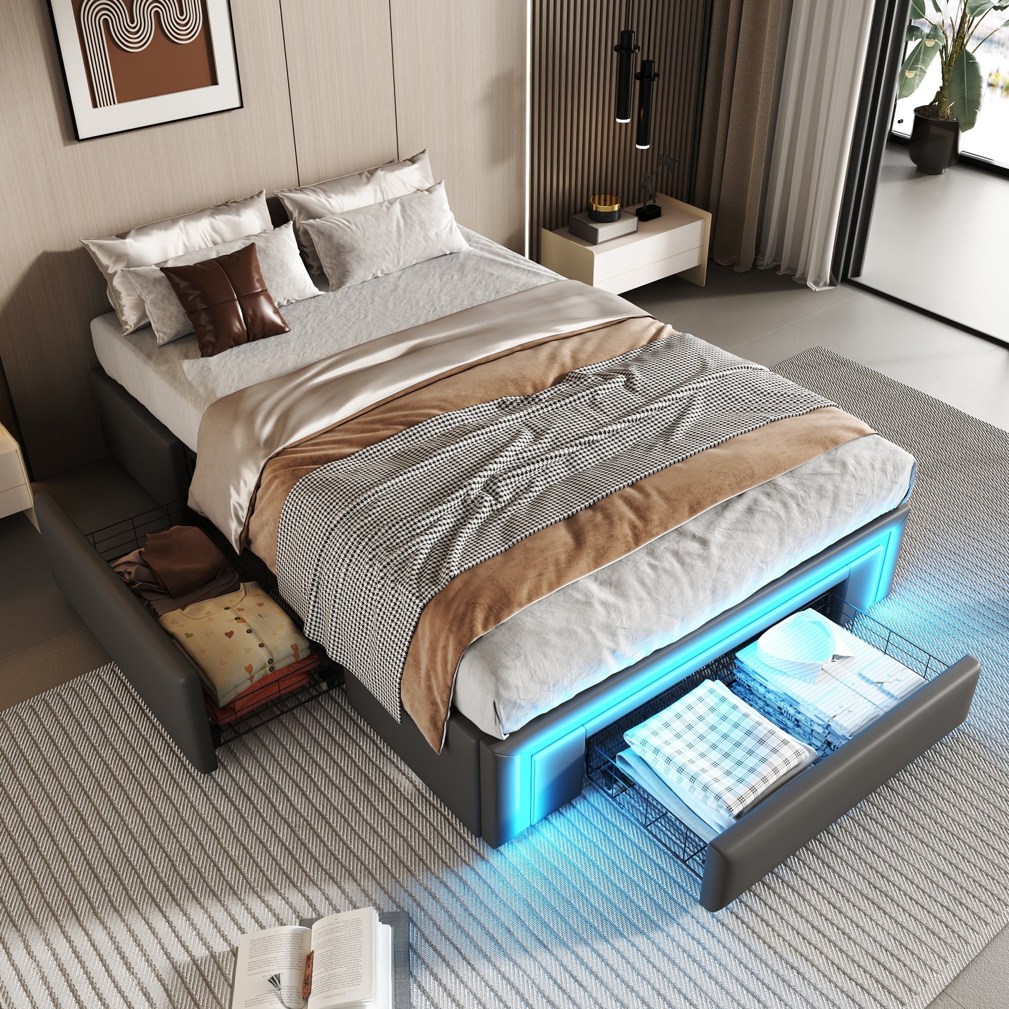 Bed Frame 90x200 Drawers LED Light Metal Slat Platform PU Leather, Grey