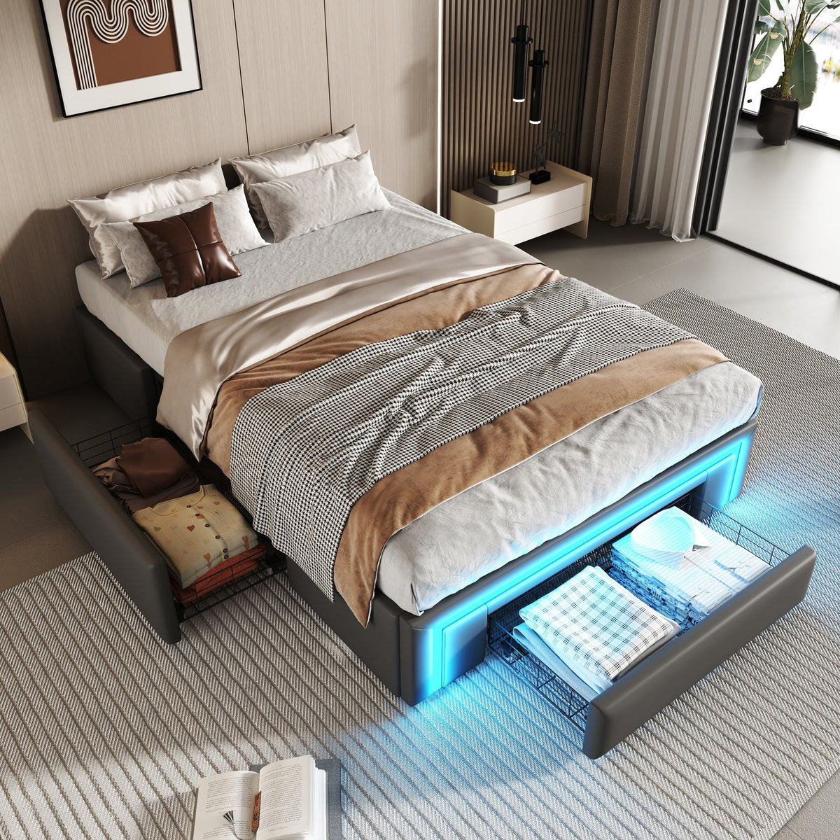 Bed Frame 90x200 Drawers LED Light Metal Slat Platform PU Leather, Grey