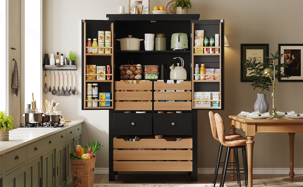 Kitchen Cabinet, Tall Buffet Storage with 2 Doors & 5 Drawers, Black/White