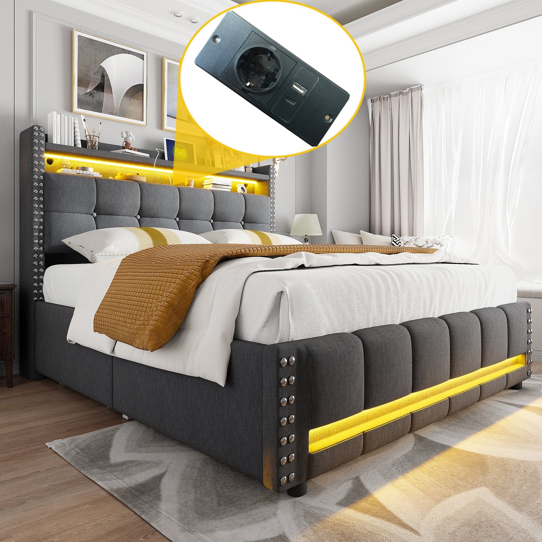 Upholstered Bed 140x200cm, LED & USB, 4-Drawer Storage, Linen Gray