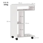Side Table with Wheels, 4 Shelves, White