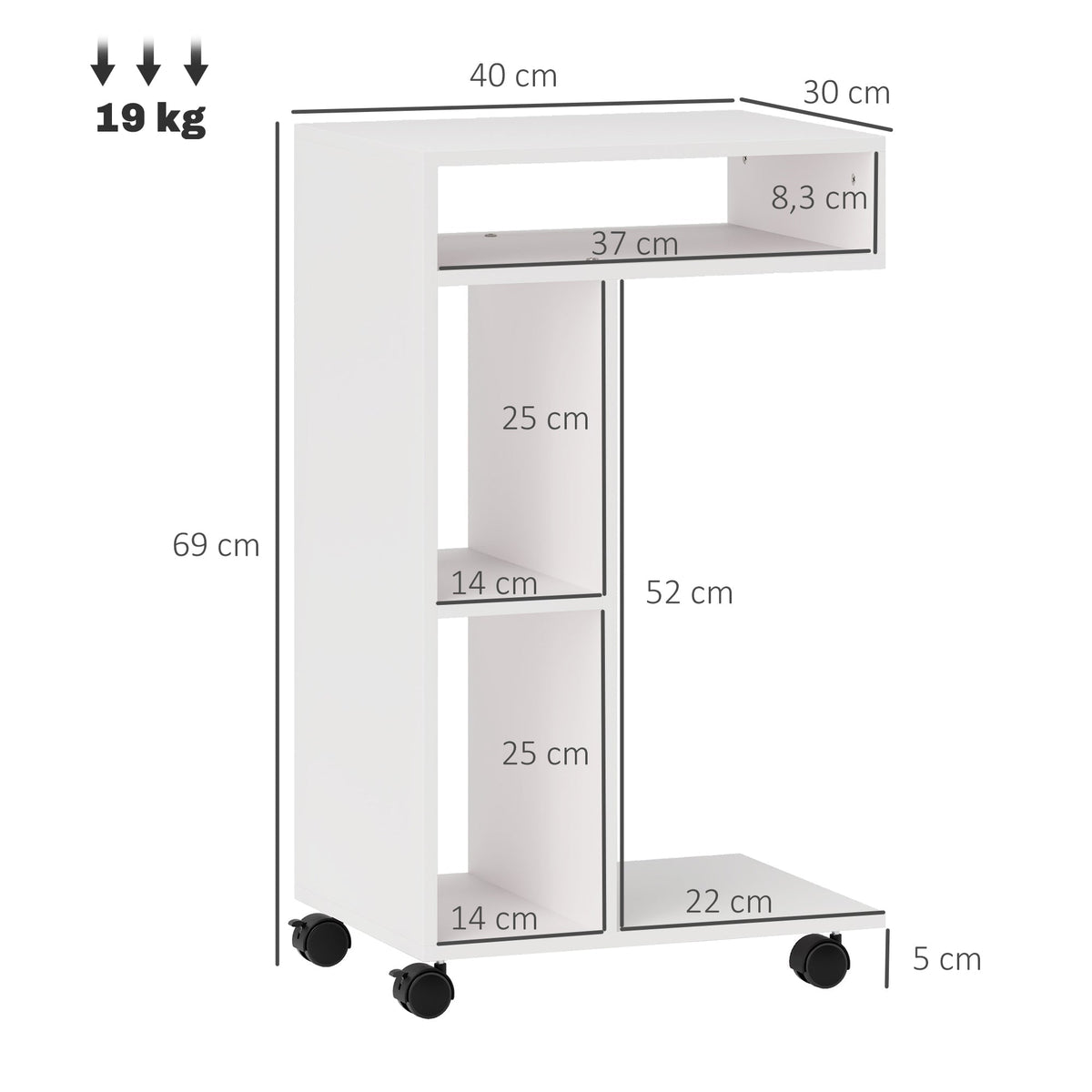 Side Table with Wheels, 4 Shelves, White