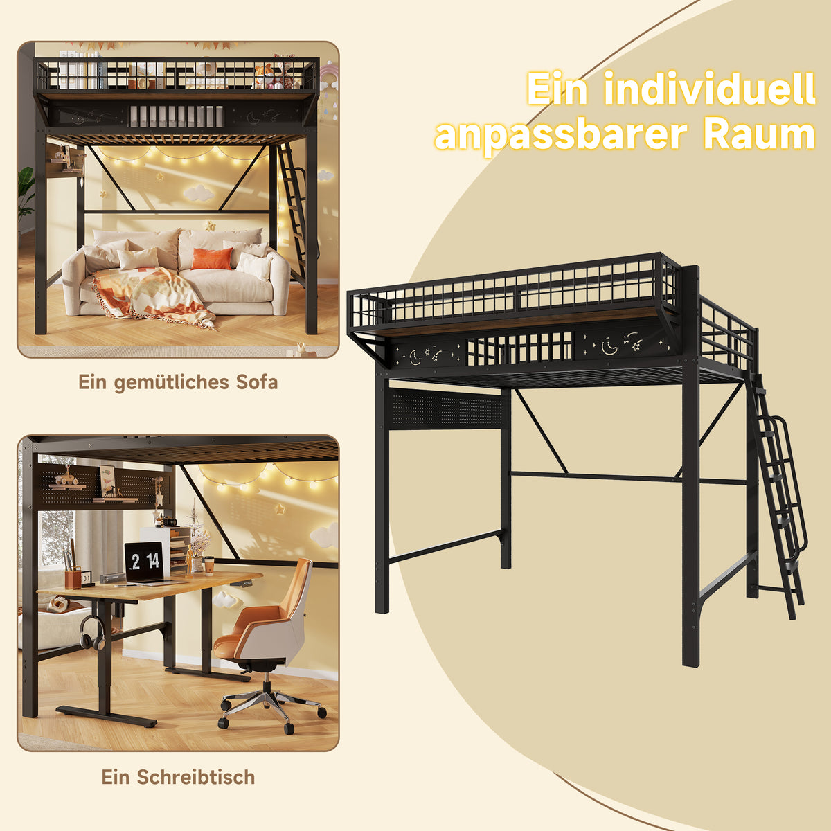 Loft Bed 140x200 cm with Storage Compartments, Black Metal