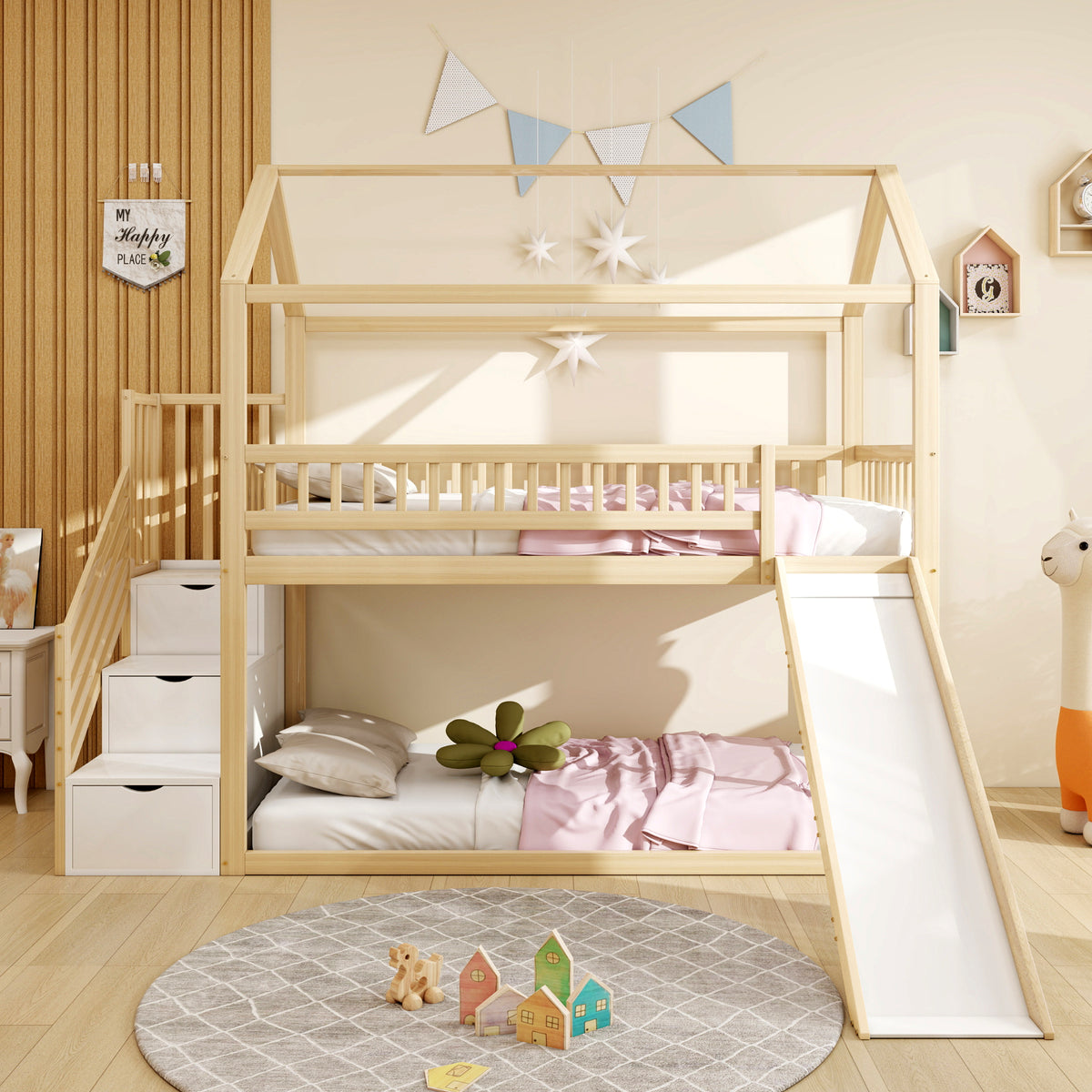 Children's Bunk Bed 90x200cm with Slide & Storage Ladder, Wood