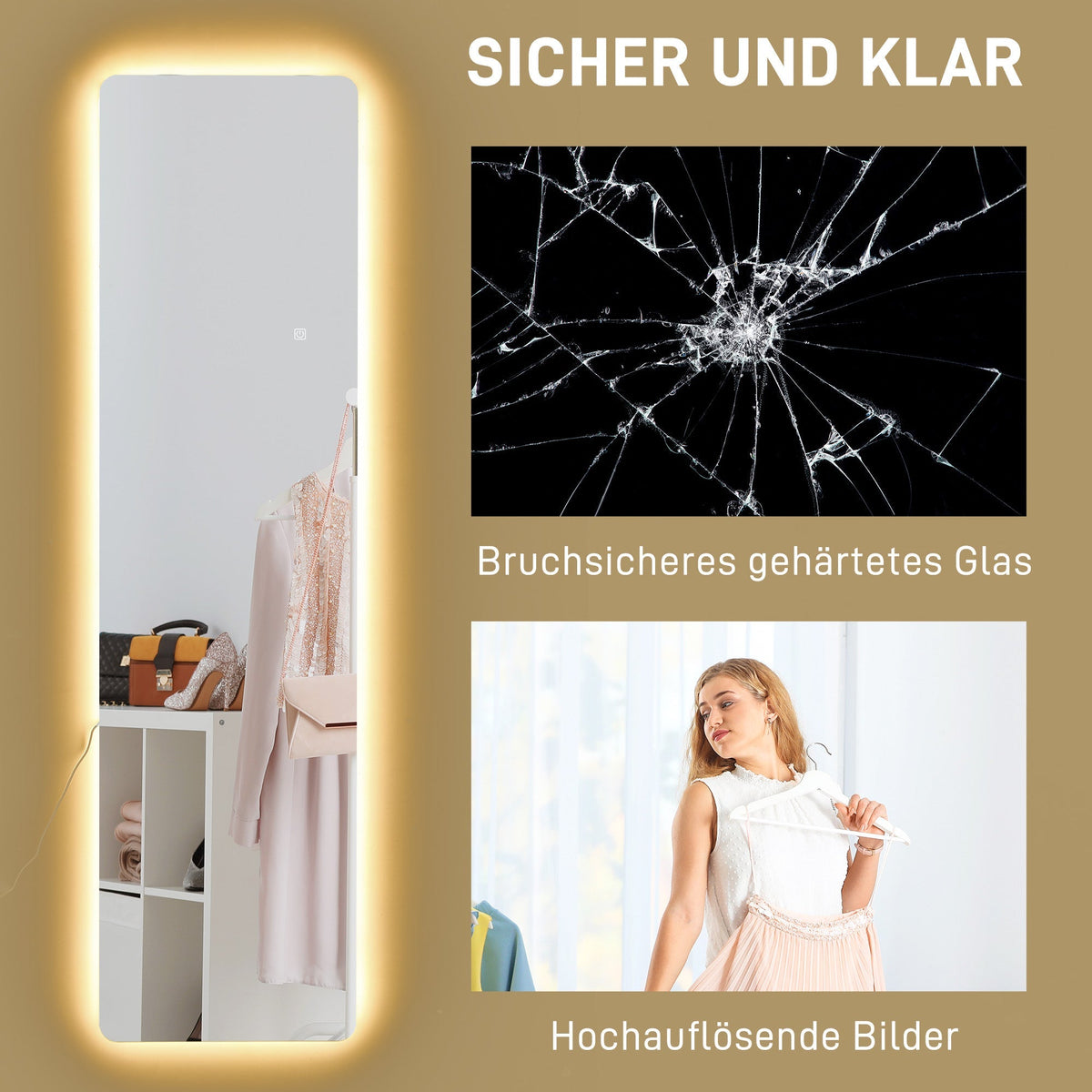 Full-Length Mirror, LED, 3 Light Colors, Transparent