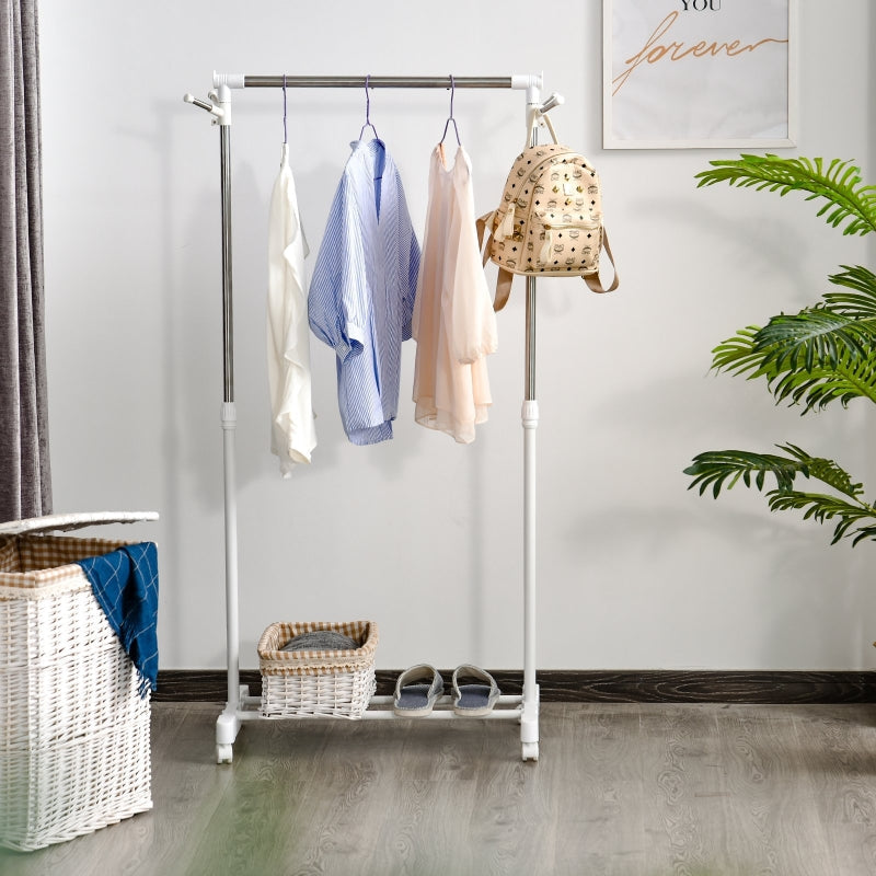 Rolling Coat Rack, Height-Adjustable with Bottom Shelf, 4 Wheels, White