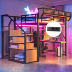 Metal Loft Bed with Desk, Shelf, Storage Net, LED and Socket, 140x200cm, Black Metal