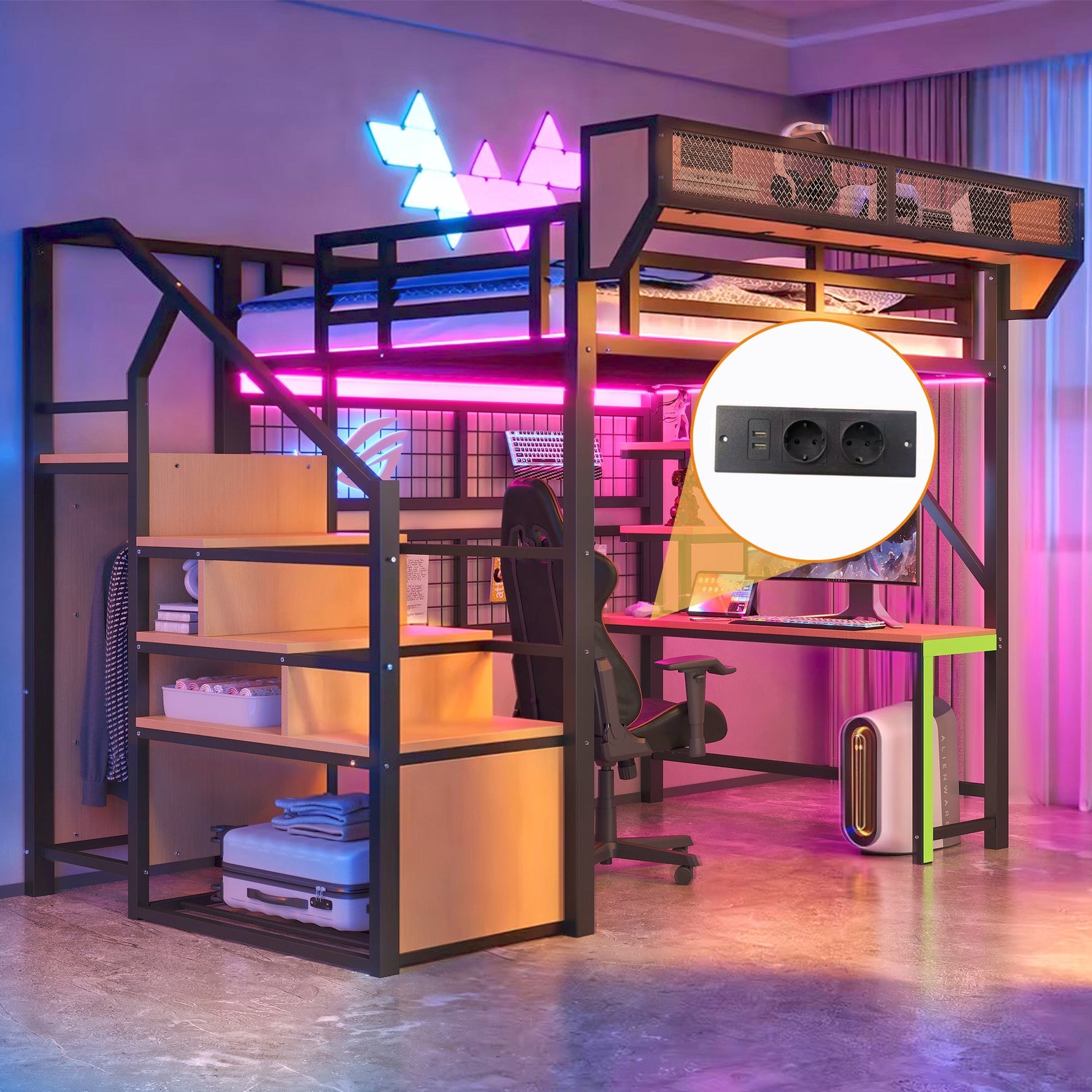 Metal Loft Bed with Desk, Shelf, Storage Net, LED and Socket, 140x200cm, Black Metal