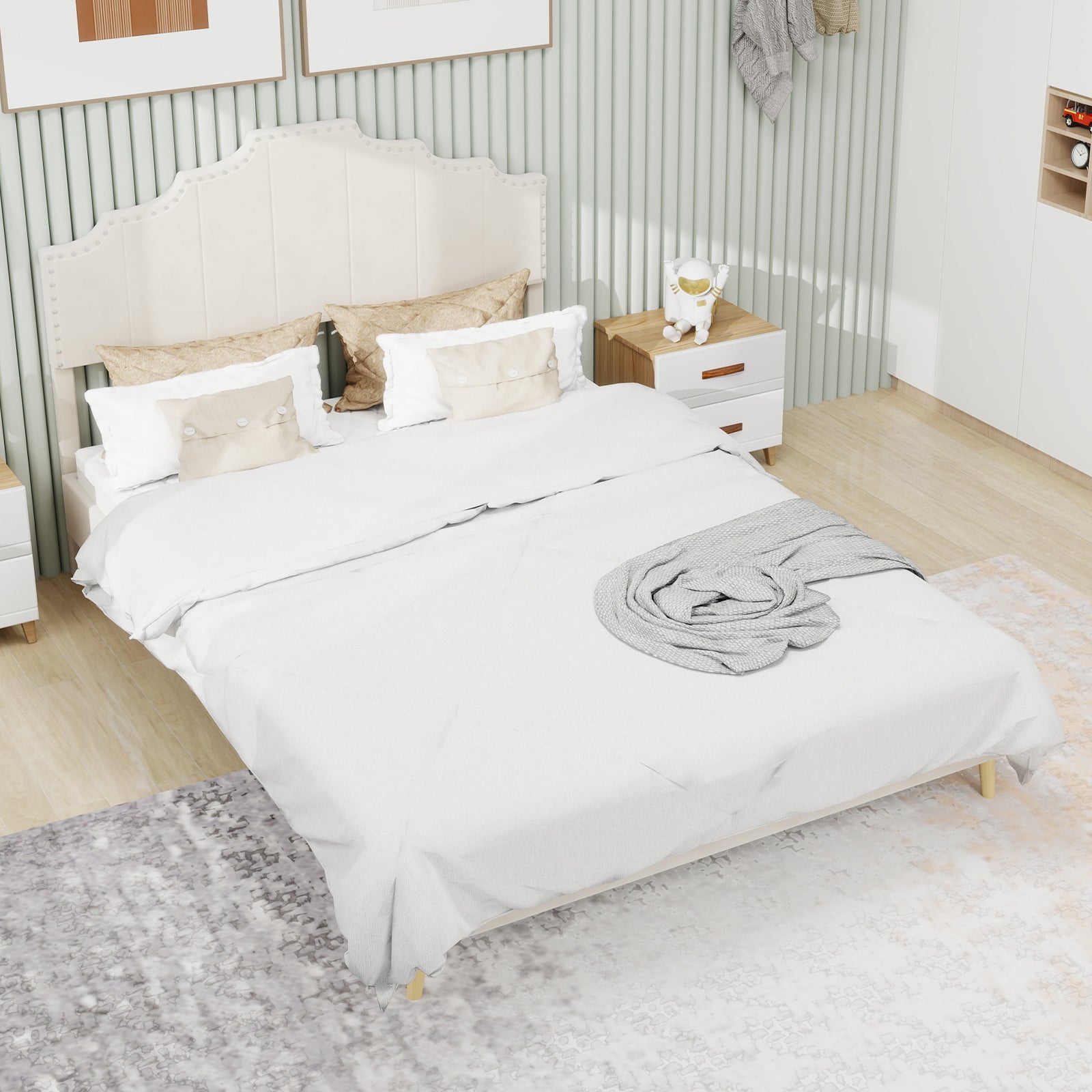 Modern Soft Bed 160x200cm Comfortable Headboard - Beige