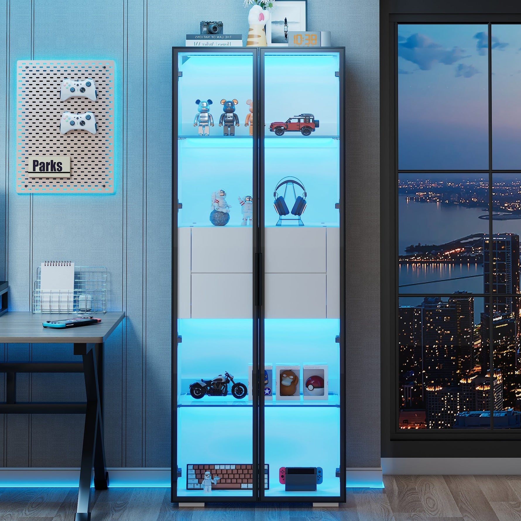 Display Cabinet, Tempered Glass Door, LED, 2 Drawers, White
